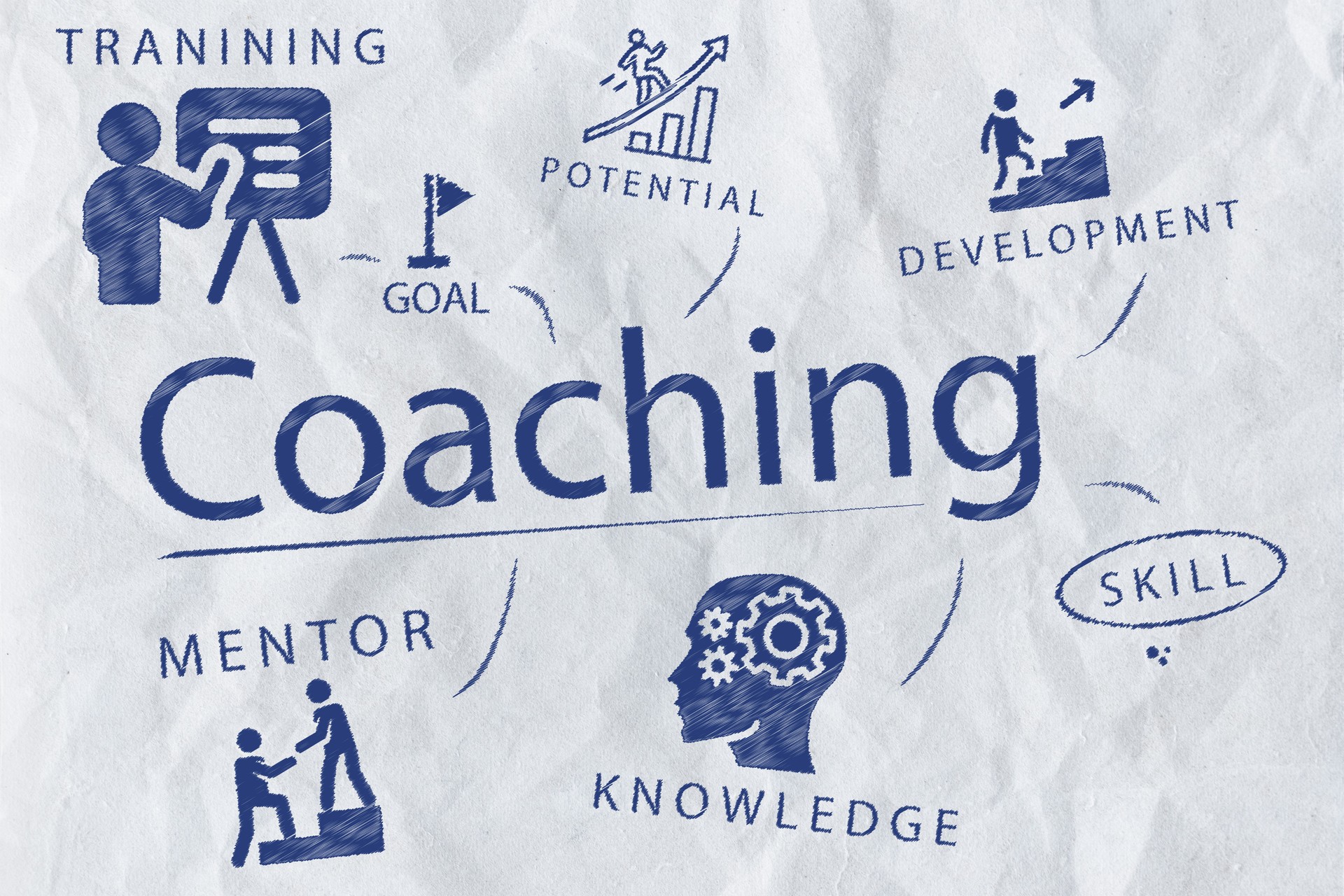 Coaching Concept with Hand-Drawn Icons on Crumpled Paper Background